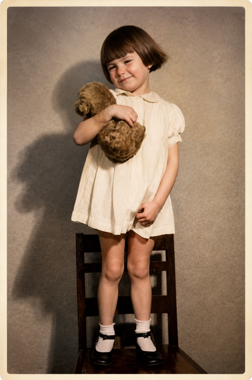 Little girl with her teddy — after restoration